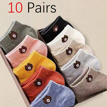 Juego de 10 pares de calcetines bajos para mujer con bonito estampado de oso, modernos, informales, versátiles, cómodos y transpirables.