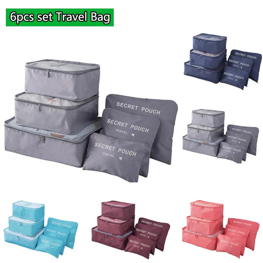 Bolsa de viaje de 6 piezas, sencilla, de color sólido, para guardar ropa, bolsa separada para ropa seca y húmeda, neceser para cosméticos, neceser de baño
