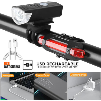 2218 Juego de luces para bicicleta, luz delantera recargable por USB con luz trasera, fácil de instalar, 3 modos, accesorios para bicicleta