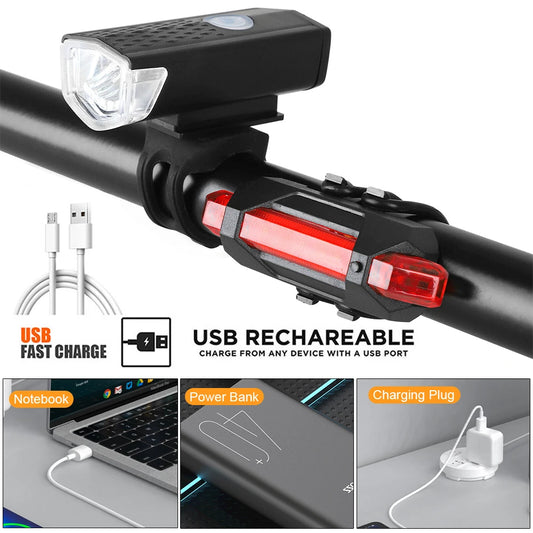 2218 Juego de luces para bicicleta, luz delantera recargable por USB con luz trasera, fácil de instalar, 3 modos, accesorios para bicicleta