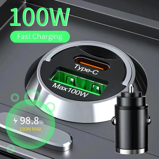 100W Mini-Autoladegerät PD Typ C Schnellladung für iPhone 15 QC 3.0 Mini USB C Auto-Handyladegerät für Samsung Xiaomi Huawei