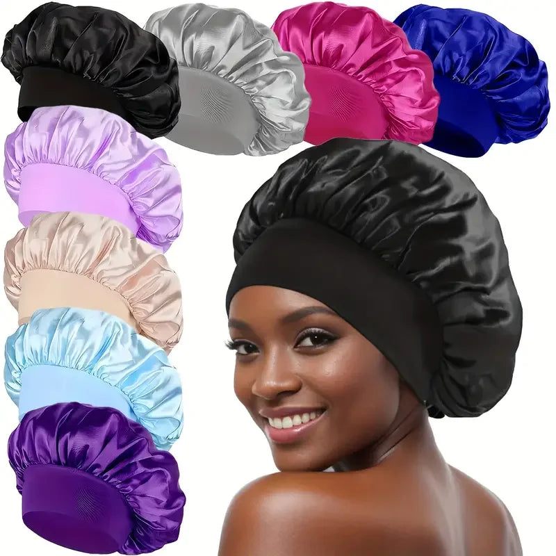 1pc Silky Satin Cap Reusable Elastic Wide Band Shower Cap Sleeping Cap Hair Protective Cap for Women Curly Natural Hair
