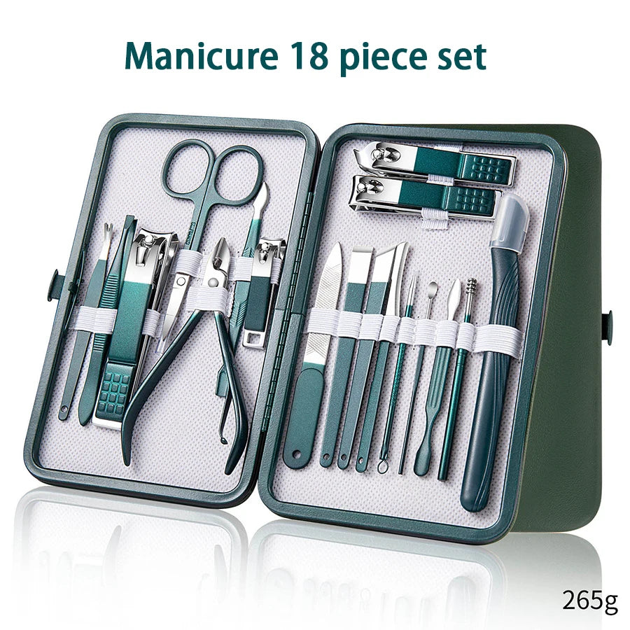 Juego de manicura de 7 a 18 piezas, cortaúñas, herramientas profesionales de acero inoxidable para el cuidado de las uñas con estuche de viaje de cuero para hombre y mujer.