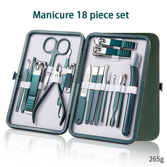 Juego de manicura de 7 a 18 piezas, cortaúñas, herramientas profesionales de acero inoxidable para el cuidado de las uñas con estuche de viaje de cuero para hombre y mujer.