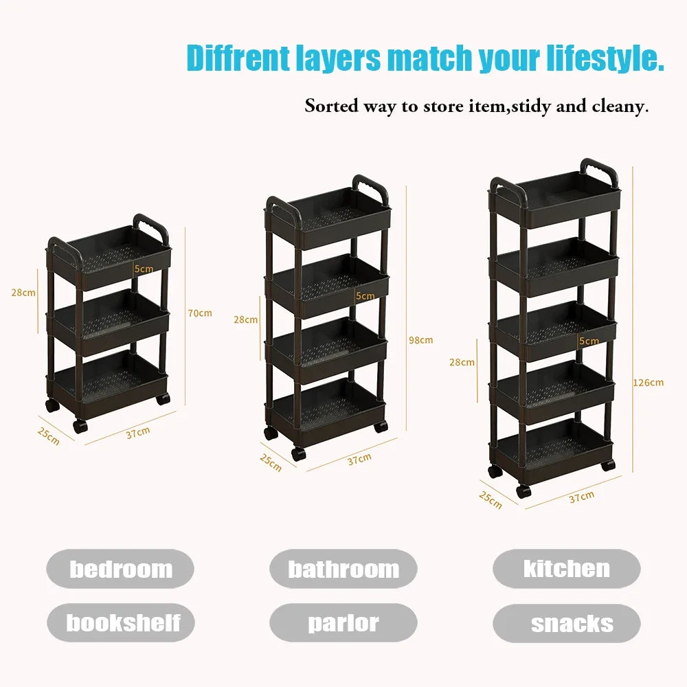 Carrito utilitario con ruedas de 3, 4 y 5 niveles, con ganchos, estante para libros con frenos, fácil de montar para cocina, oficina y baño.