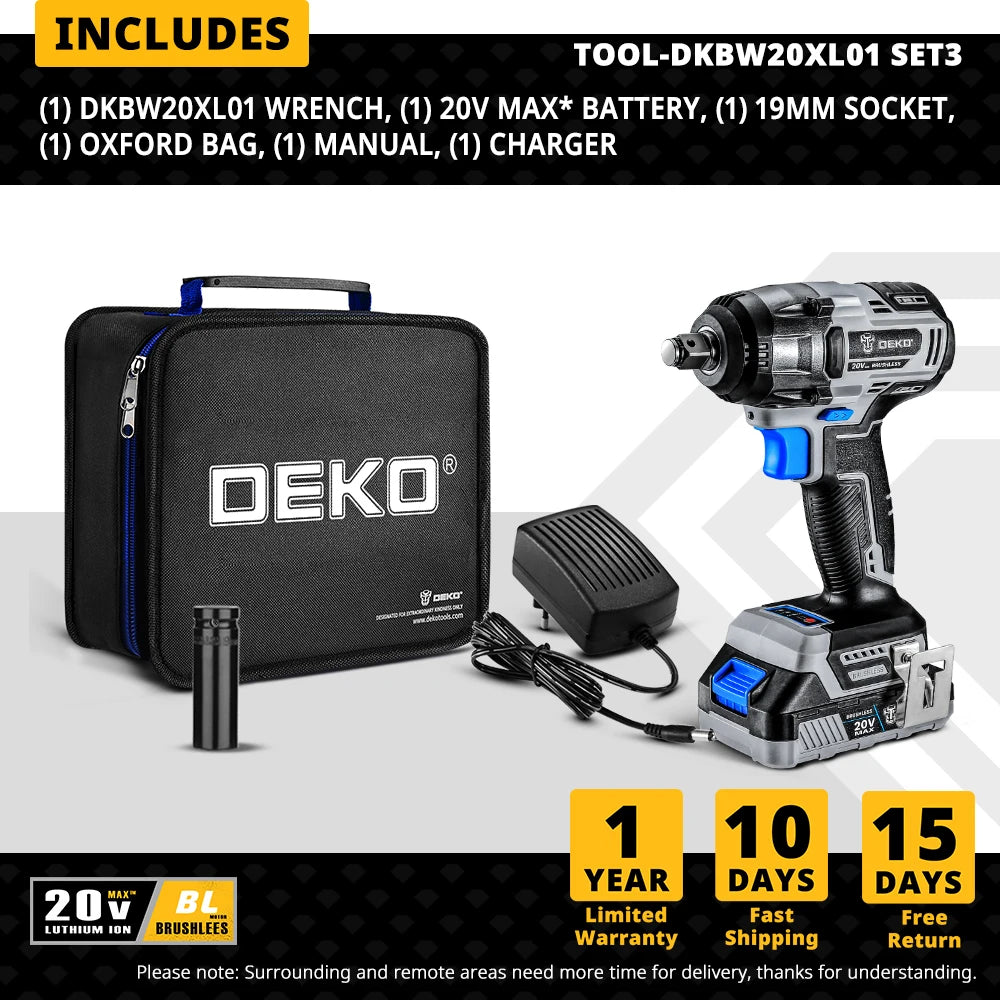 DEKO 20V Brushless Wrench Brushless Cordless Drill Mini Electric Screwdriver 350N.m Impact Wrench for Home DIY