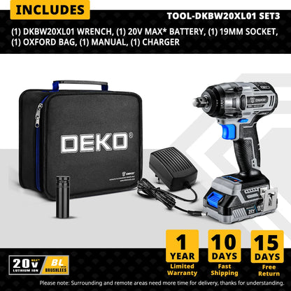 DEKO 20V Brushless Wrench Brushless Cordless Drill Mini Electric Screwdriver 350N.m Impact Wrench for Home DIY