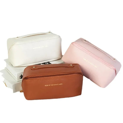 Bolsa de almacenamiento de almohada de gran capacidad, de cuero PU impermeable, bolsa de maquillaje portátil, para viajes y viajes de negocios.