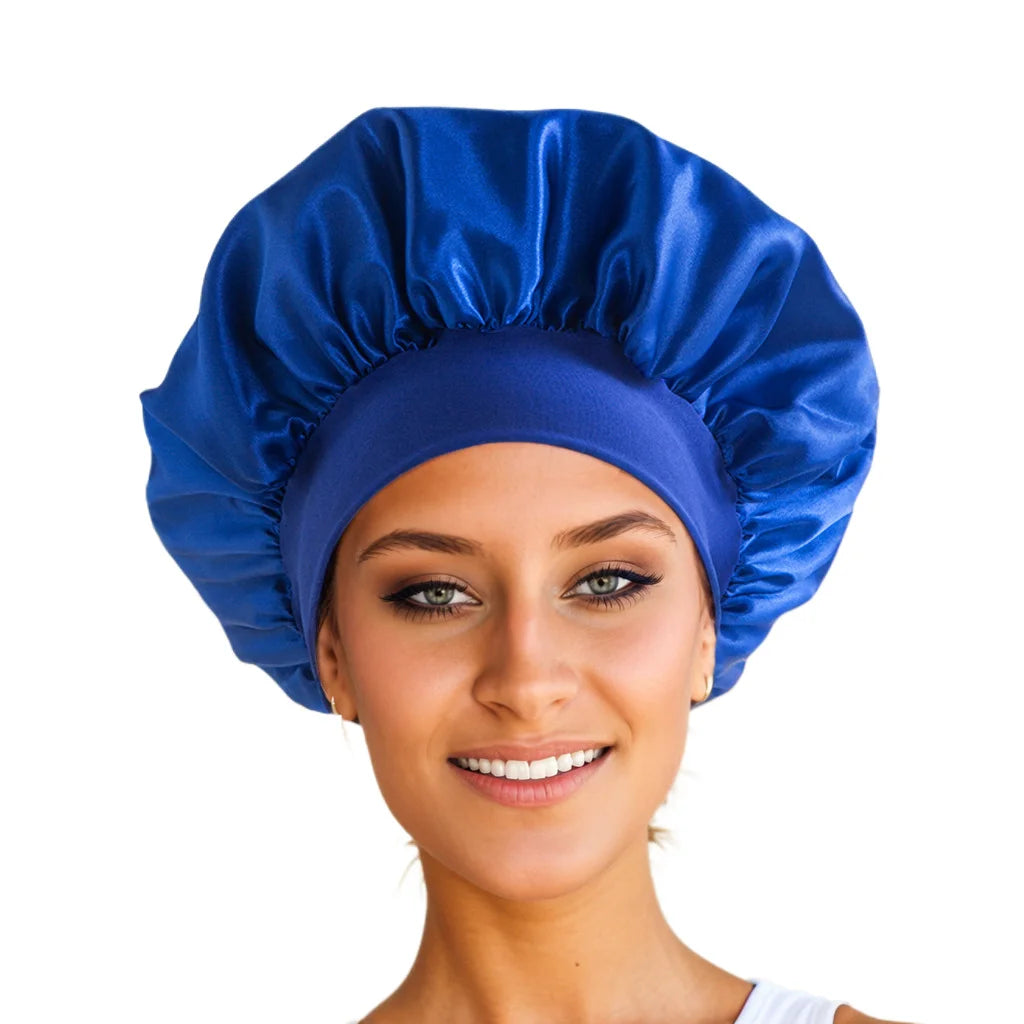 1pc Silky Satin Cap Reusable Elastic Wide Band Shower Cap Sleeping Cap Hair Protective Cap for Women Curly Natural Hair