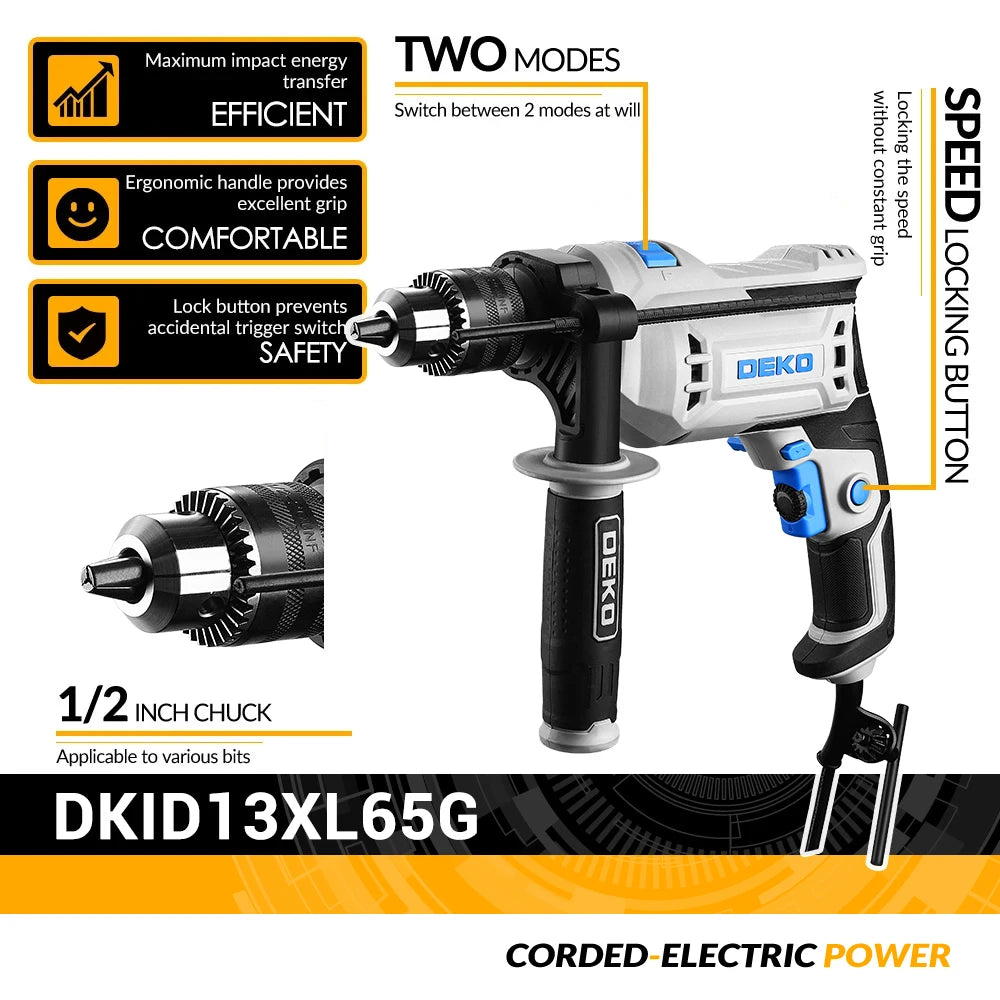 Taladro atornillador DEKO DKID13XL65G de impacto profesional de 220 V, 2 funciones, herramienta eléctrica (serie DKID)