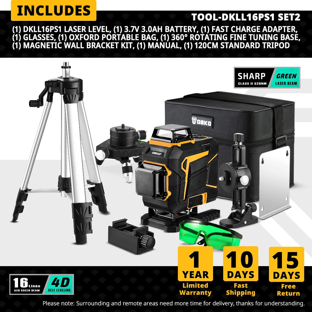DEKO 4D 16 Lines Self-Leveling Laser Level 360 Horizontal and Vertical Cross Line Green Laser Beam with Tripod Power Tools