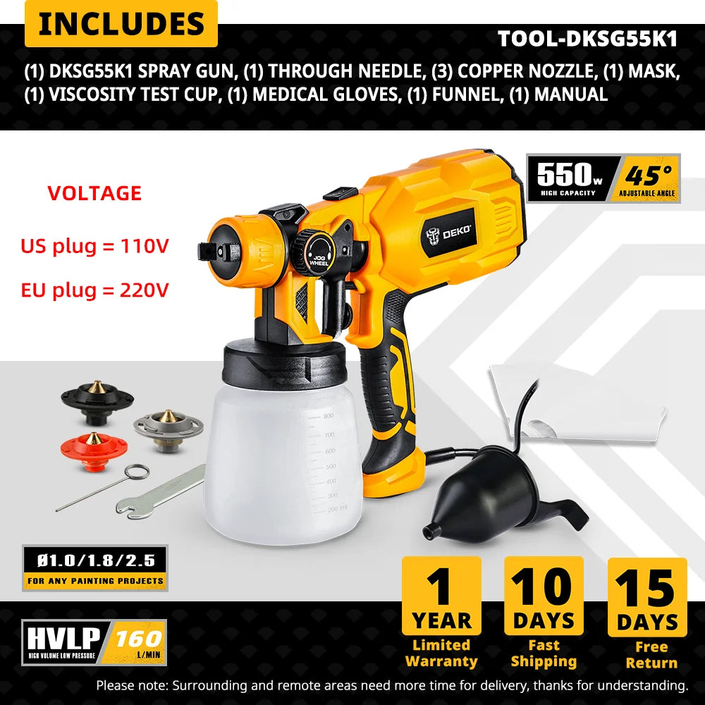 Pistola pulverizadora DEKO DKSG55K1 con enchufe UE/EE. UU., 220 V/110 V, 550 W, pulverizador de pintura eléctrico doméstico de alta potencia, 3 boquillas, pulverización fácil para bricolaje en casa.