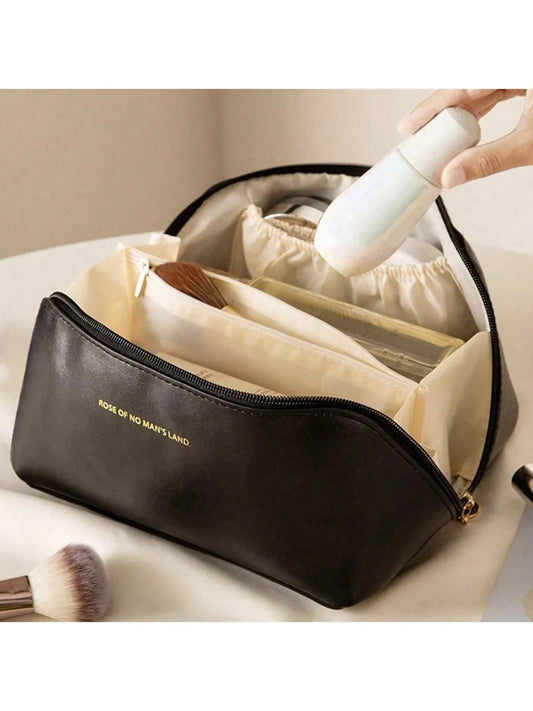 Bolsa de maquillaje de viaje portátil, impermeable, con almohada de cuero PU para mujer, bolsa de maquillaje de mano para que las mujeres la lleven.