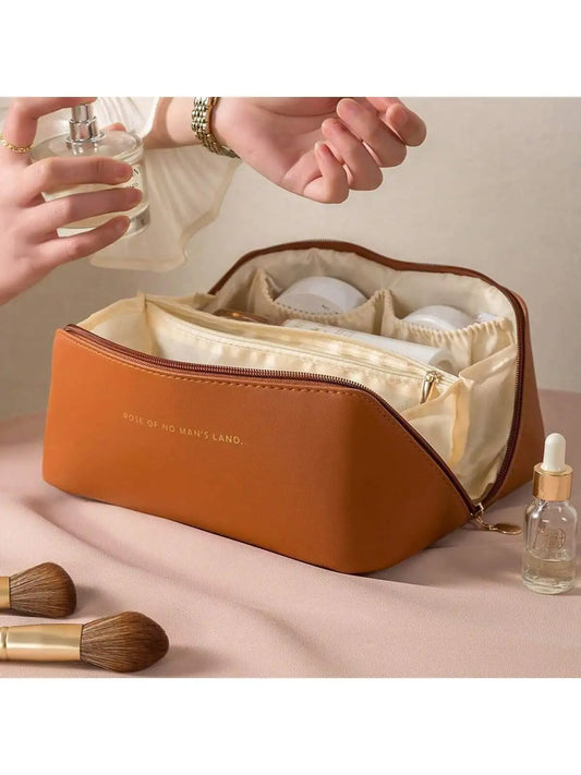 Bolsa de maquillaje de viaje portátil, impermeable, con almohada de cuero PU para mujer, bolsa de maquillaje de mano para que las mujeres la lleven.