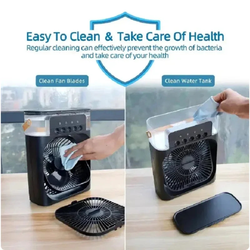 Ventilador 3 en 1, aire acondicionado pequeño para el hogar, enfriador de aire con luz LED nocturna, humidificador portátil, ventilador de ajuste de aire para oficina y hogar.