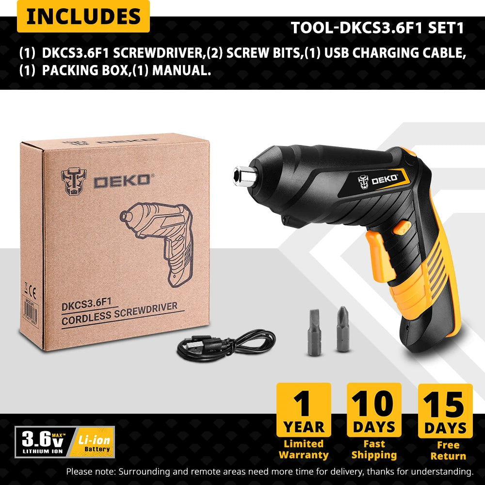 DEKO DKCS3.6O1 Cordless Electric Screwdriver Rechargeable Power battery Screwdriver Twistable Handle LED Torch Power Tool