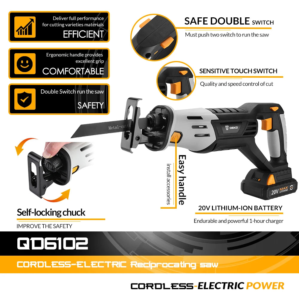 DEKO 20V Cordless Reciprocating Saw Adjustable Speed with Battery and 4 Pieces Blades Power Tools