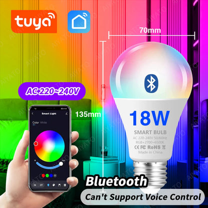 Tuya WIFI Bluetooth LED Bulb Smart Life APP Control Dimmable 9W 18W E27 220V RGB+CW+WW Color Change Lamps Compatible IOS/Android