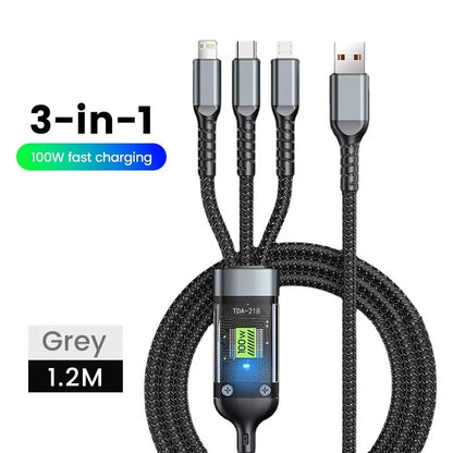100/66W 3 in 1 Cable Micro USB Type C Cable for iPhone 15 14 13 Pro Max Huawei Xiaomi Samsung S23 S22 Super Fast Charging Cable