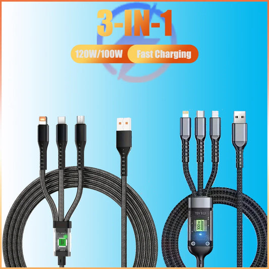 Cable de datos 3 en 1 de 120 W/100 W para iPhone 15-7, cable de carga rápida USB a tipo C de 8 pines, micro USB para Samsung, Huawei y Xiaomi.