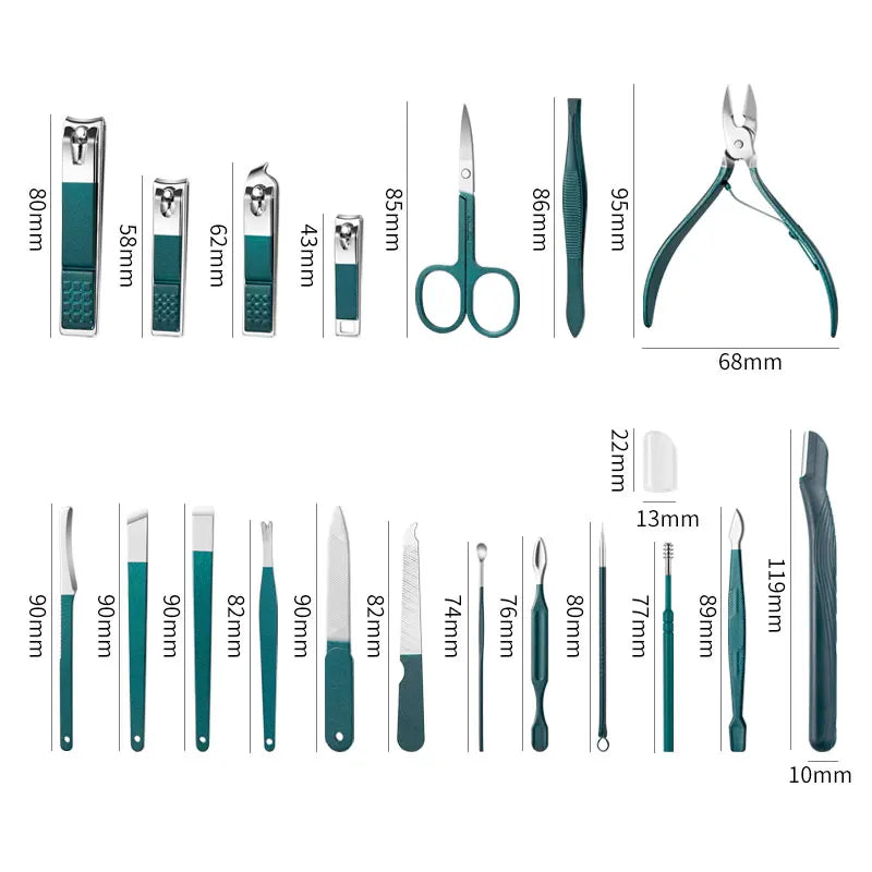 Juego de manicura de 7/10/12/18 piezas, cortaúñas de acero inoxidable, cortaúñas, recortador de cejas, tijeras, pinzas, cuchara para orejas, cuidado facial para coche