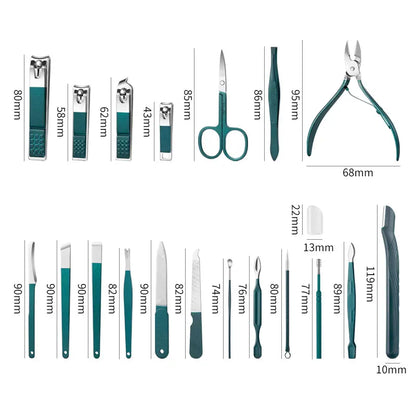 Juego de manicura de 7/10/12/18 piezas, cortaúñas de acero inoxidable, cortaúñas, recortador de cejas, tijeras, pinzas, cuchara para orejas, cuidado facial para coche