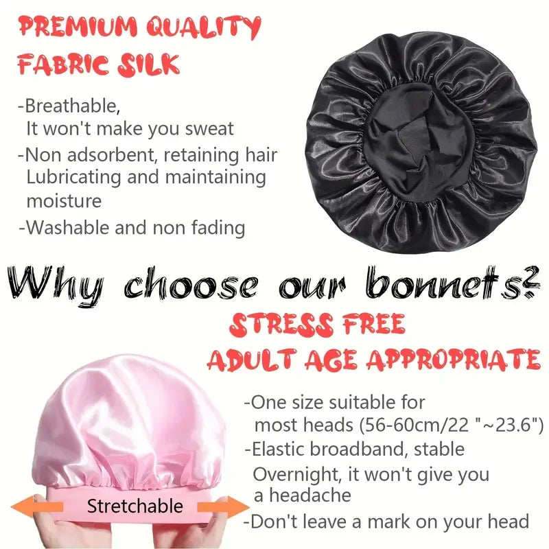 1pc Silky Satin Cap Reusable Elastic Wide Band Shower Cap Sleeping Cap Hair Protective Cap for Women Curly Natural Hair