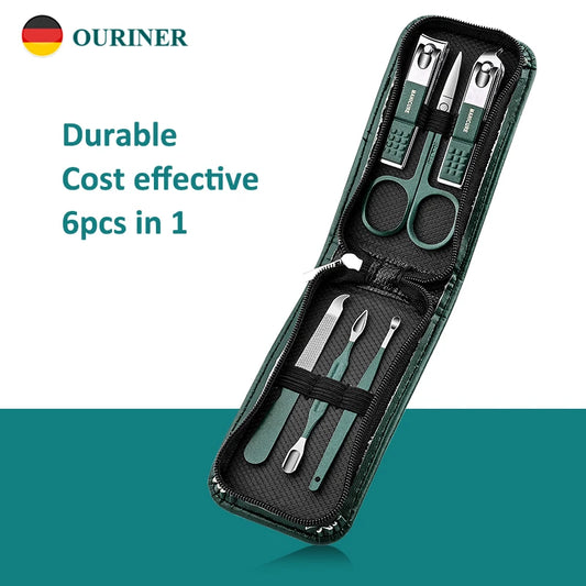 6 juegos de manicura y pedicura portátiles en 1, cortaúñas verde brillante, herramientas de cuidado personal y tijeras para cejas.