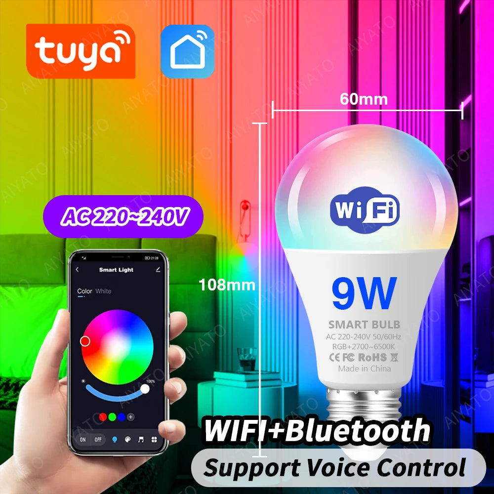 Tuya WIFI Bluetooth LED Bulb Smart Life APP Control Dimmable 9W 18W E27 220V RGB+CW+WW Color Change Lamps Compatible IOS/Android