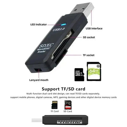 Lector de tarjetas USB 3.0/2.0 de alta velocidad 2 en 1, multifuncional, compatible con tarjetas TF y SD, ordenadores, tabletas, cámaras, portátiles y dispositivos para coche.
