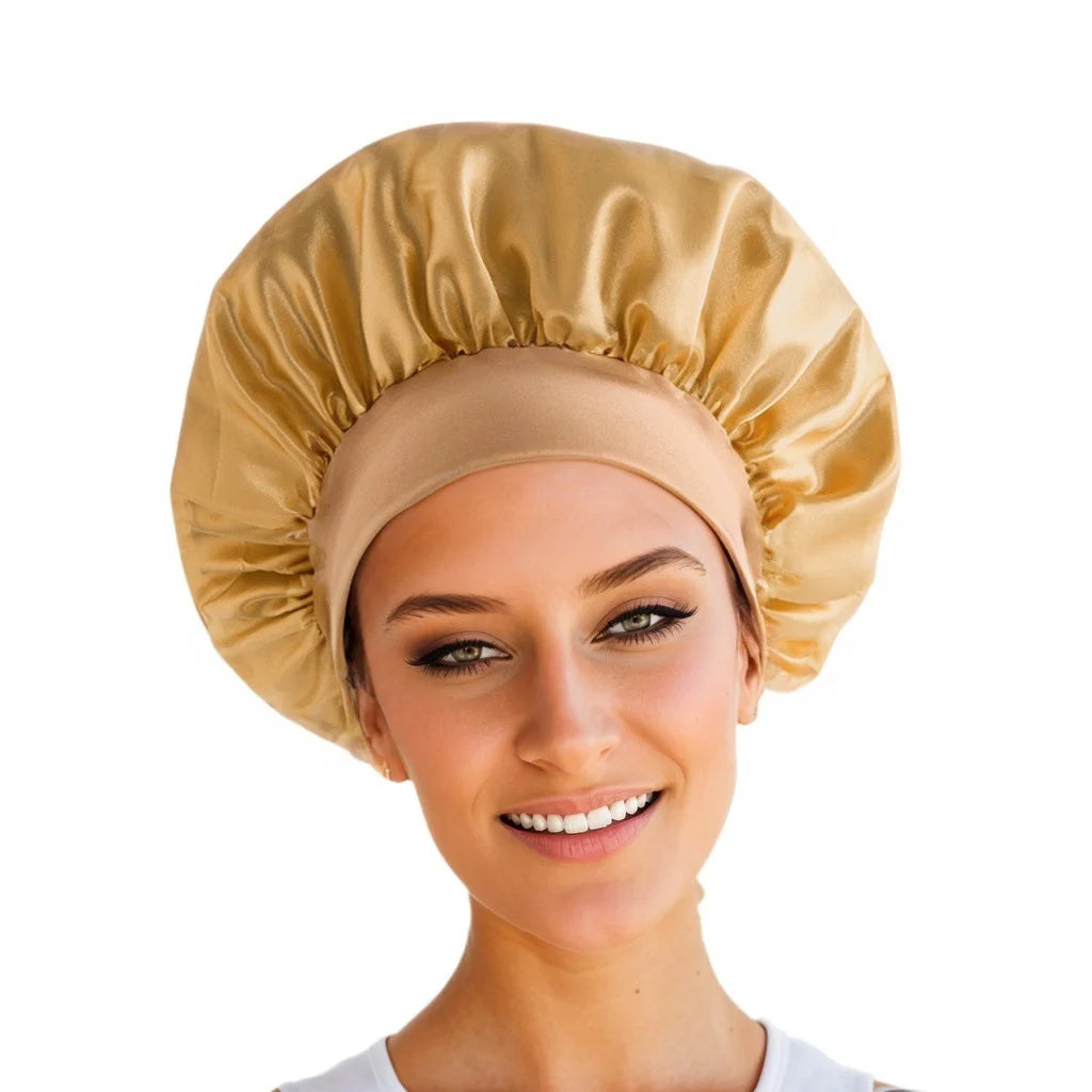 1pc Silky Satin Cap Reusable Elastic Wide Band Shower Cap Sleeping Cap Hair Protective Cap for Women Curly Natural Hair