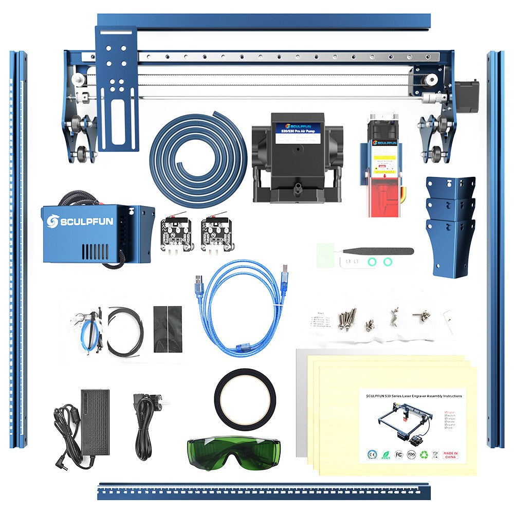 SCULPFUN S30 Pro 10W Laser Engraver Cutter, Automatic Air-assist, 0.06*0.08mm Laser Focus, 32-bit Motherboard, Replaceable Lens, Engraving Size 410*400mm, Expandable to 935*905mm