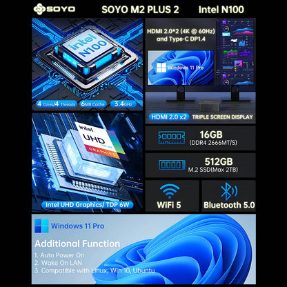 SOYO M2 Plus2 Mini PC, Intel 12th Gen Alder Lake N100 CPU up to 3.4GHz, 16GB DDR4 512GB SATA M.2 2280 SSD, 4K@60Hz Dual Displays, HDMI, WiFi 5 &amp; Bluetooth 5.0 Mini Computer for Business, Education and Office