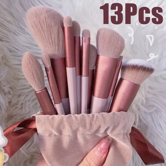 Juego de 13 brochas de maquillaje para mujer, para sombra de ojos, base, colorete, herramientas de maquillaje suaves, bolsa de belleza