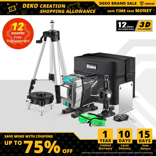 DEKO New DKLL12tdP02 Series 12 Lines 3D Green Laser Level Horizontal&Vertical Cross Lines High-Precision, Auto Self-Leveling