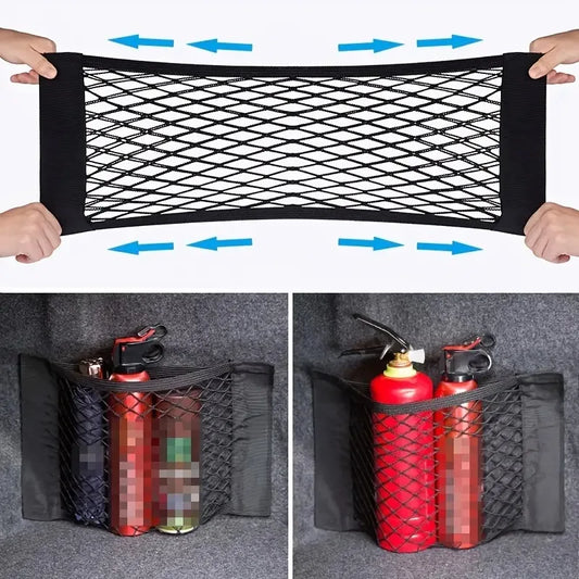 Bolsa de almacenamiento universal para coche, red de doble malla para maletero, bolsa de almacenamiento integrada, red fija para extintor de incendios.