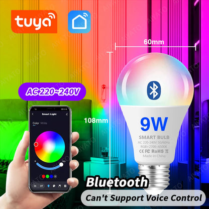Tuya WIFI Bluetooth LED Bulb Smart Life APP Control Dimmable 9W 18W E27 220V RGB+CW+WW Color Change Lamps Compatible IOS/Android