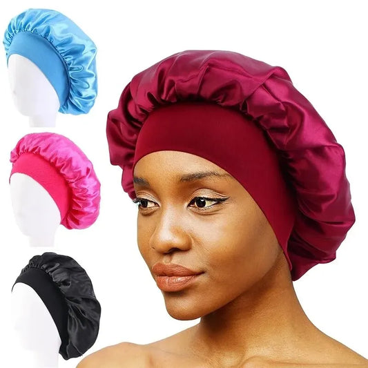Nuevo gorro de dormir de ala ancha de satén liso para mujer, unisex, con banda elástica, para el cuidado del cabello, para la noche