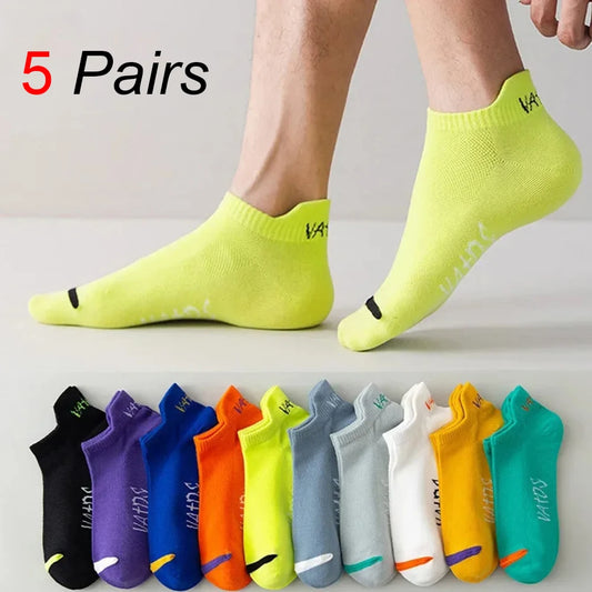 5 pares de calcetines tobilleros de colores brillantes para hombre, transpirables, modernos, informales, de estilo urbano, desodorantes, invisibles, para viajes y correr.
