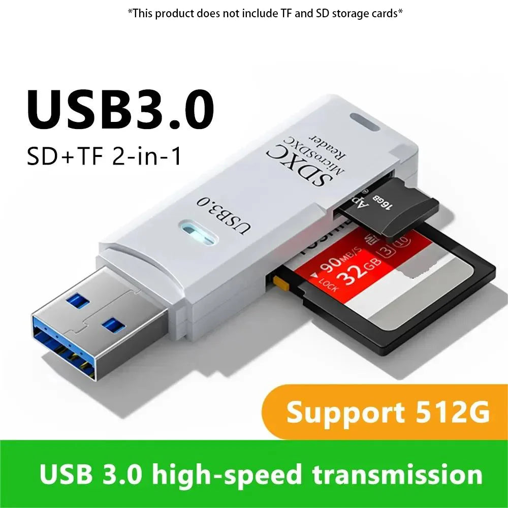 Lector de tarjetas USB 3.0/2.0 de alta velocidad 2 en 1, multifuncional, compatible con tarjetas TF y SD, ordenadores, tabletas, cámaras, portátiles y dispositivos para coche.