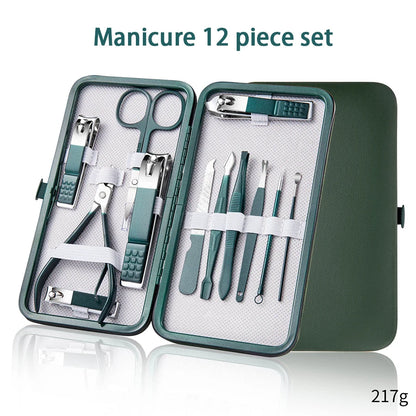 Juego de manicura de 7 a 18 piezas, cortaúñas, herramientas profesionales de acero inoxidable para el cuidado de las uñas con estuche de viaje de cuero para hombre y mujer.