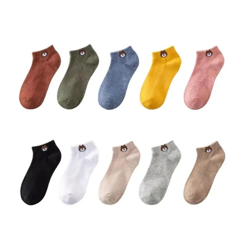 Juego de 10 pares de calcetines bajos para mujer con bonito estampado de oso, modernos, informales, versátiles, cómodos y transpirables.