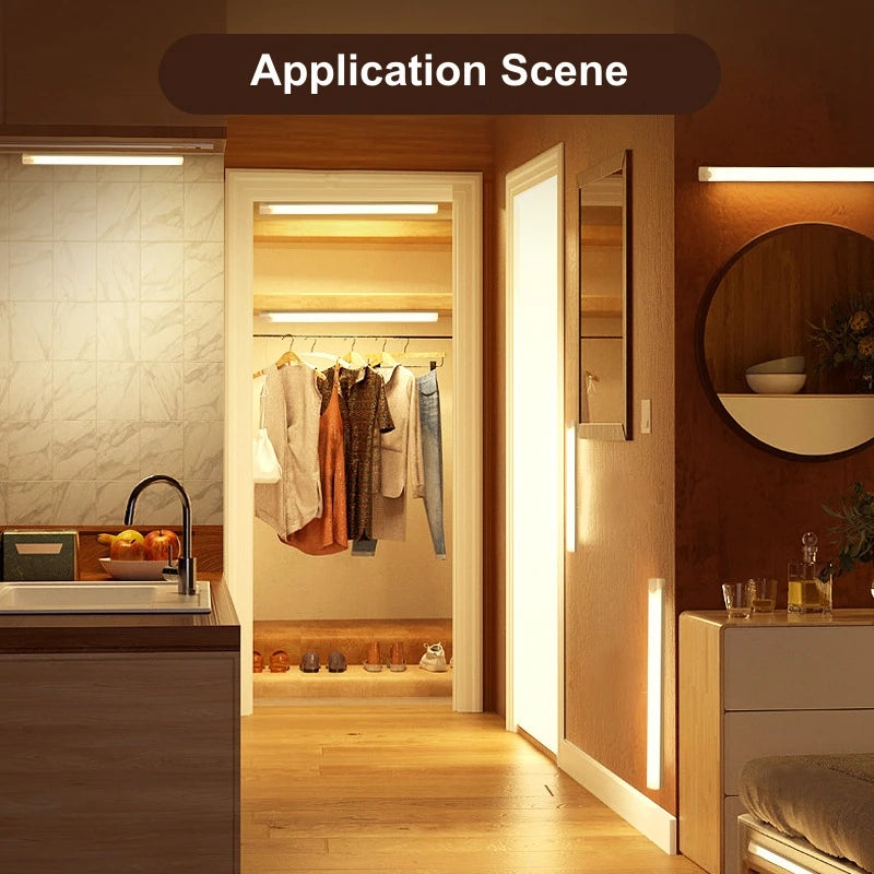 Luz nocturna LED recargable con sensor de movimiento para debajo del gabinete, lámpara inalámbrica para cocina, armario, mesita de noche, barra de luz de inducción