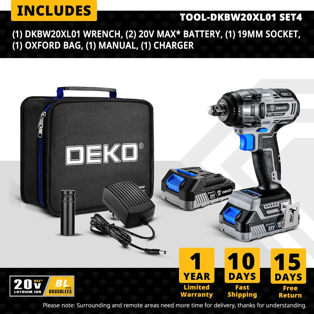 DEKO 20V Brushless Wrench Brushless Cordless Drill Mini Electric Screwdriver 350N.m Impact Wrench for Home DIY