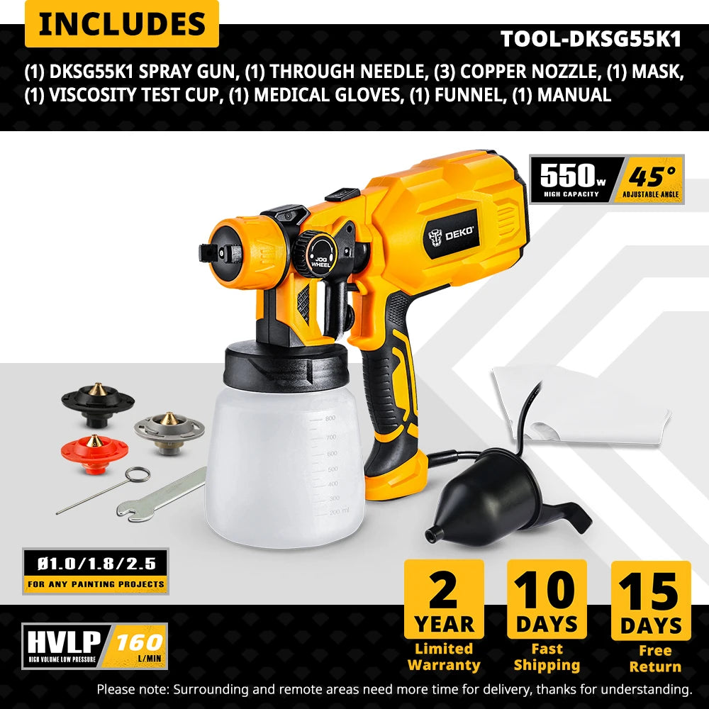 Pistola pulverizadora DEKO serie DKSG HVLP para pintar, aerógrafo eléctrico de alta presión, herramientas de batería CA/CC, pulverizador inalámbrico para pintar fácilmente