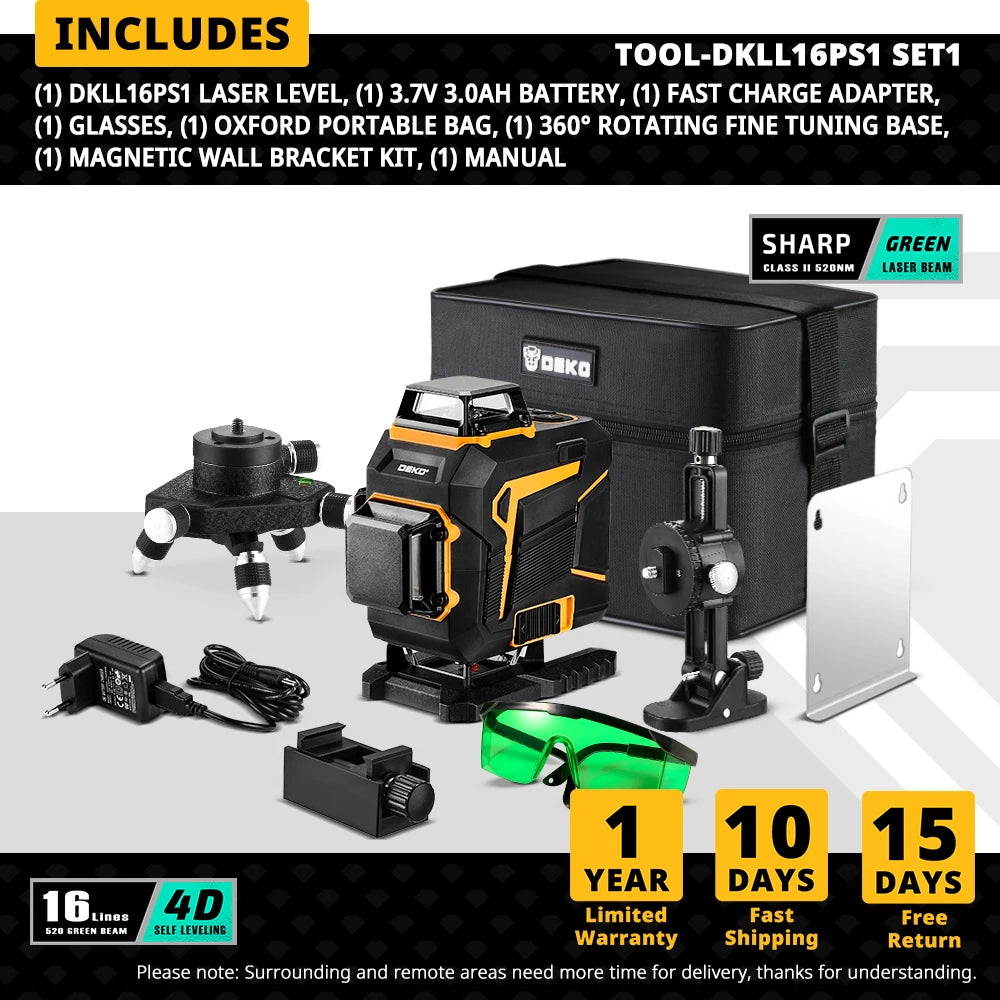 DEKO 4D 16 Lines Self-Leveling Laser Level 360 Horizontal and Vertical Cross Line Green Laser Beam with Tripod Power Tools