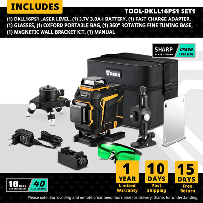 DEKO 4D 16 Lines Self-Leveling Laser Level 360 Horizontal and Vertical Cross Line Green Laser Beam with Tripod Power Tools