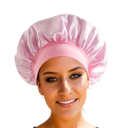 1pc Silky Satin Cap Reusable Elastic Wide Band Shower Cap Sleeping Cap Hair Protective Cap for Women Curly Natural Hair