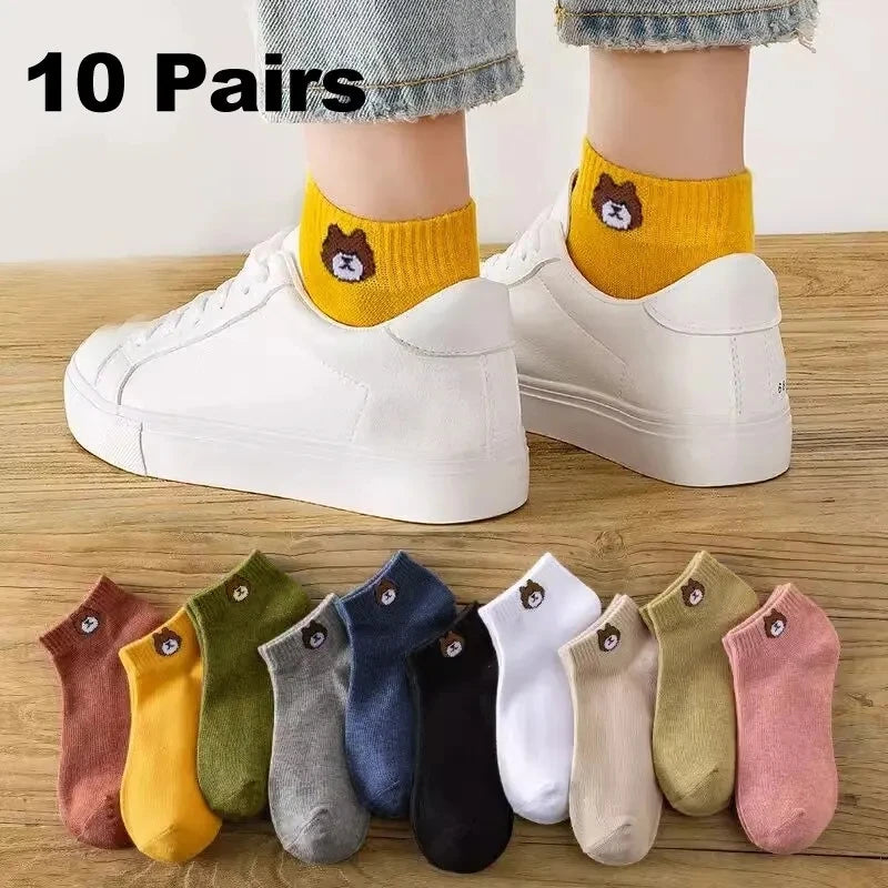 Juego de 10 pares de calcetines bajos para mujer con bonito estampado de oso, modernos, informales, versátiles, cómodos y transpirables.