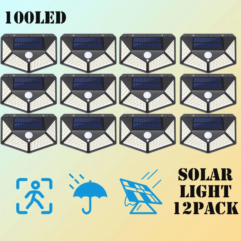 12er-Pack Solarleuchten für den Außenbereich, 100 LEDs, Wandleuchte mit Bewegungsmelder, Sicherheitsleuchten, 270° Beleuchtungswinkel, hell, für Hinterhof, Garten, Terrasse